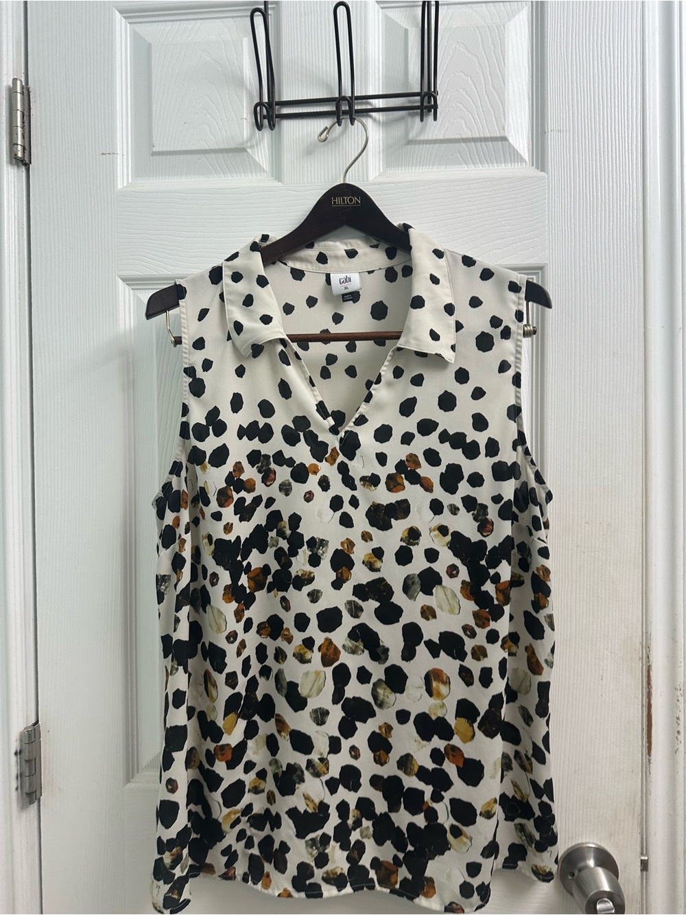 CAbi Cream Sleeveless V-Neck Collared Tank with Black and Brown Spot Print-XL